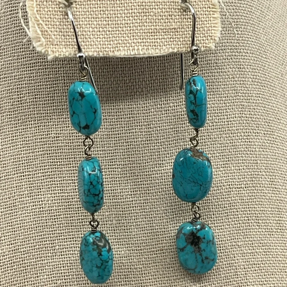 Sally C Treasures SX Sterling Silver Turquoise Dangle Earrings 925 Estate - Picture 3 of 17